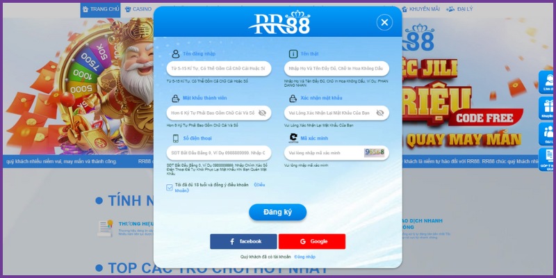 Nhập dữ liệu đăng ký RR88